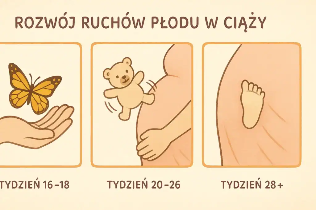 Ilustracja etapów pierwszych ruchów dziecka: od motyla po widoczne kopnięcia – opis w języku polskim