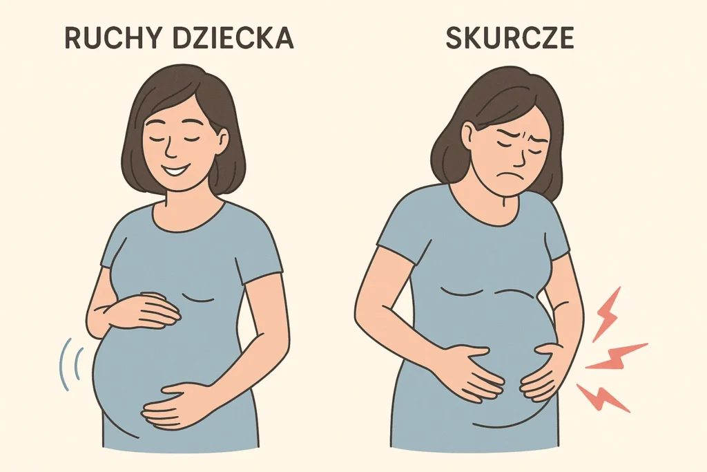 Porównanie objawów: ruchy dziecka a skurcze – ilustracja edukacyjna z dwoma postaciami kobiet w ciąży