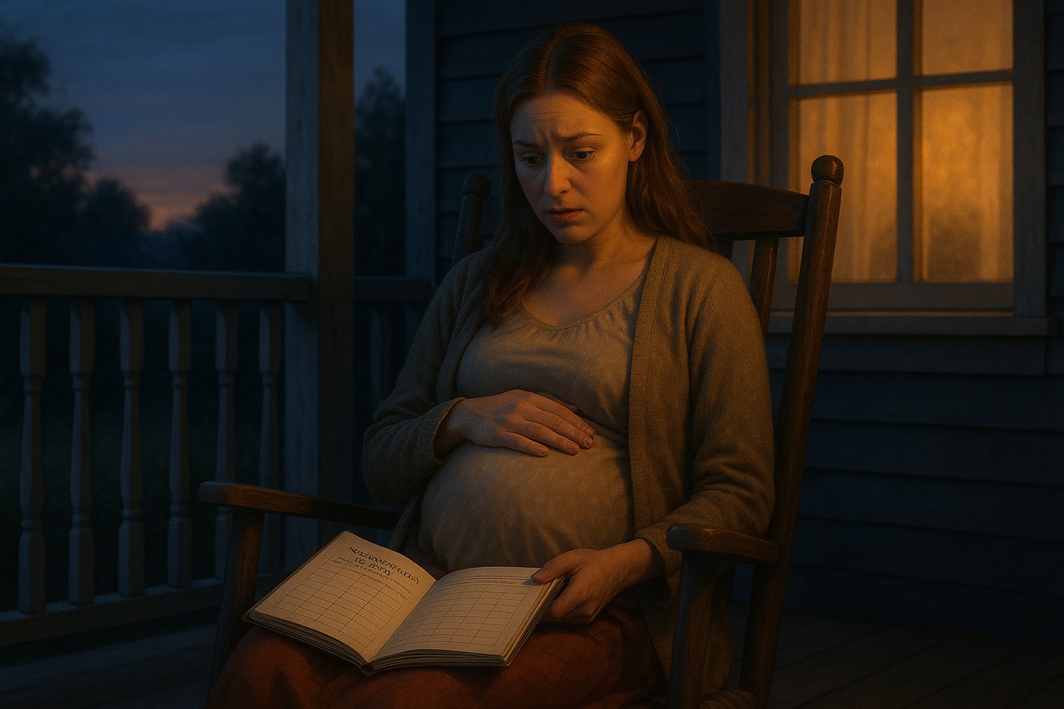 Ciężarna kobieta analizująca brak ruchów dziecka w swoim dzienniku wieczorem na werandzie