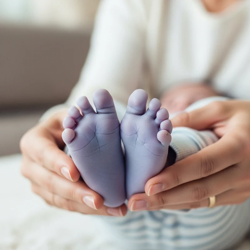 mama trzymająca dwie sine nóżki niemowlaka