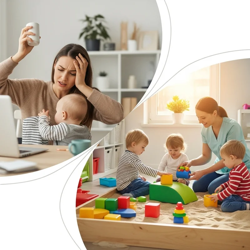 mama próbująca pogodzić pracę a opiekę nad dzieckiem vs dzieci w żłobku