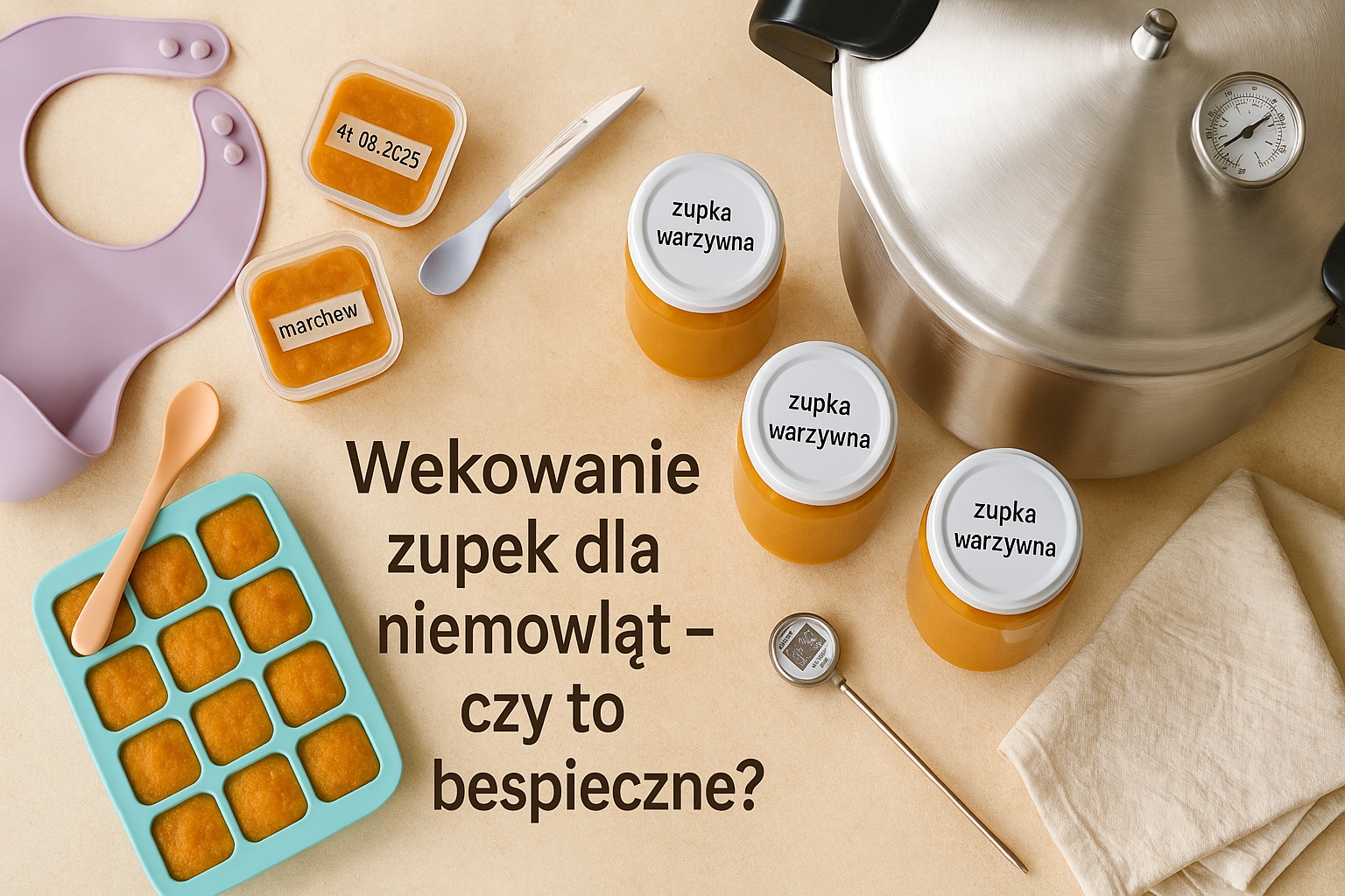 Wekowanie zupek dla niemowląt — porównanie mrożenia (kostki 30–60 ml z datą) i wekowania (słoiki obok szybkowaru) na blacie polskiej kuchni.