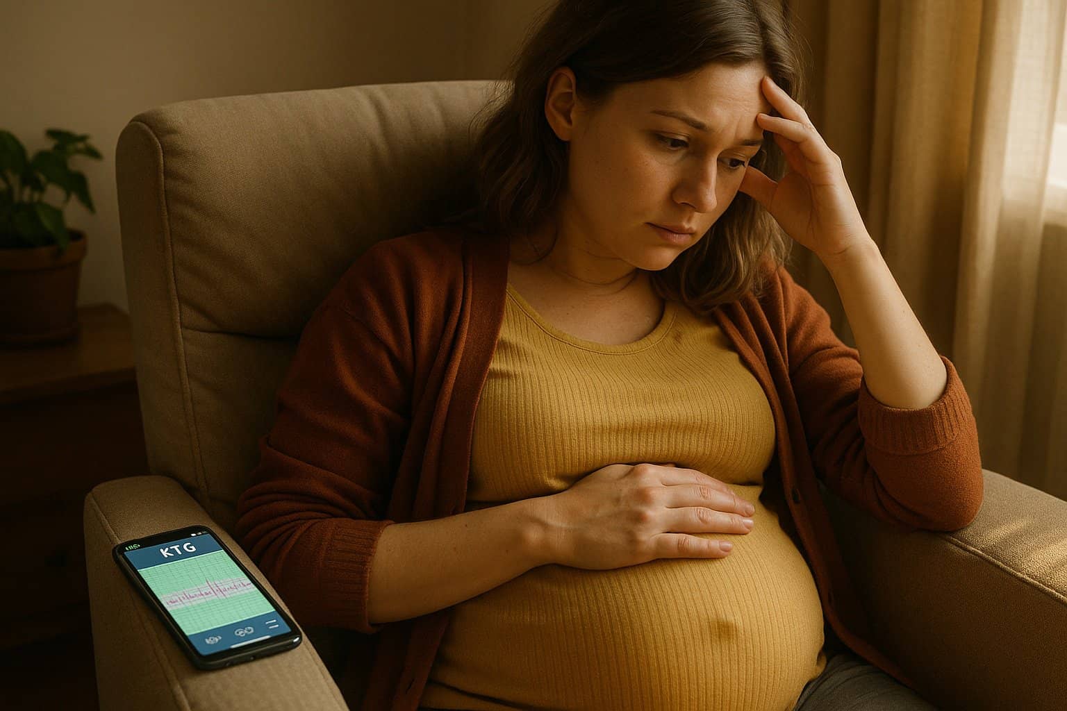 Zaniepokojona kobieta w ciąży dotyka brzucha – dziecko mało się rusza