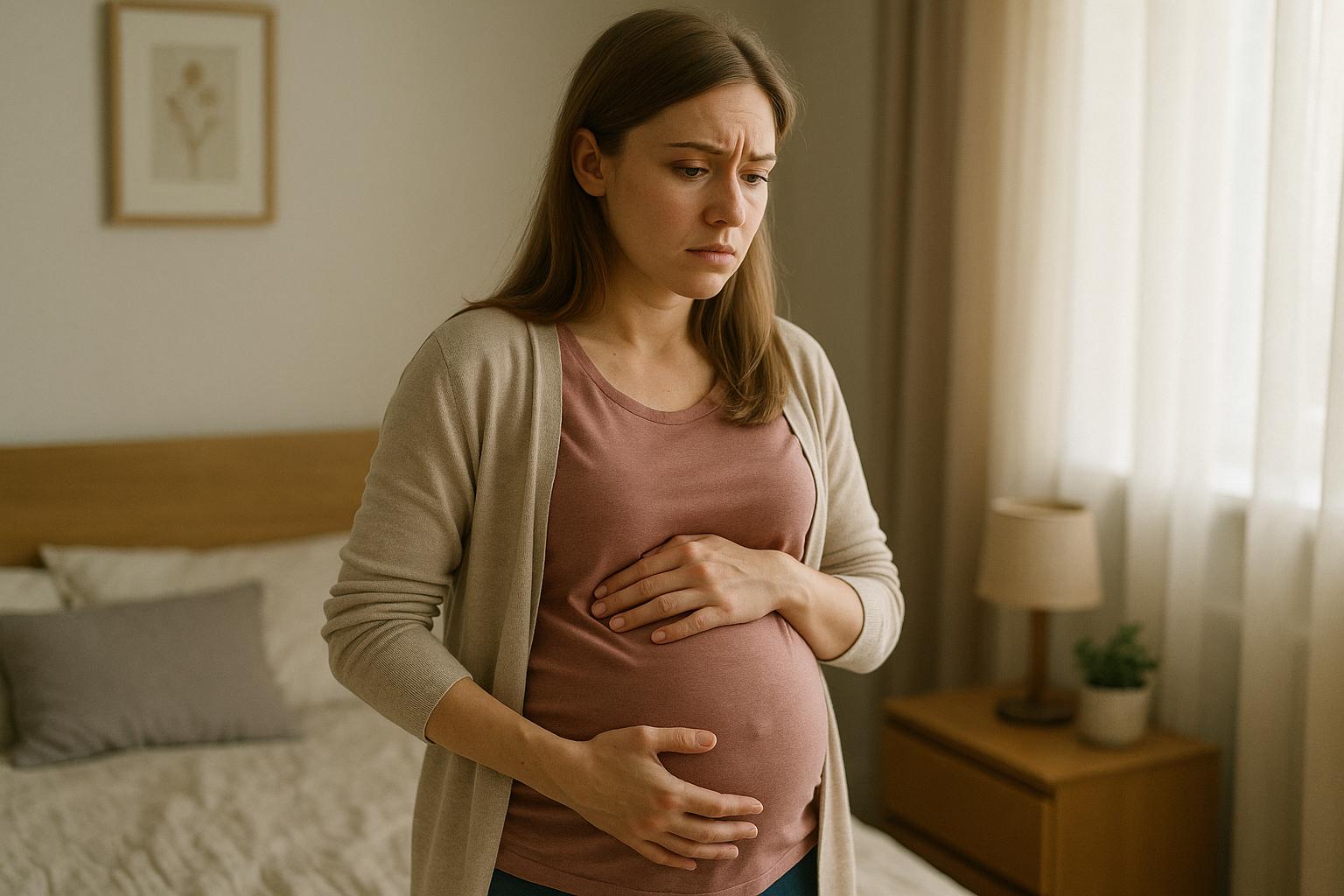 Ciężarna kobieta zastanawia się, czy czuje ruchy dziecka czy skurcze – realistyczna scena w sypialni