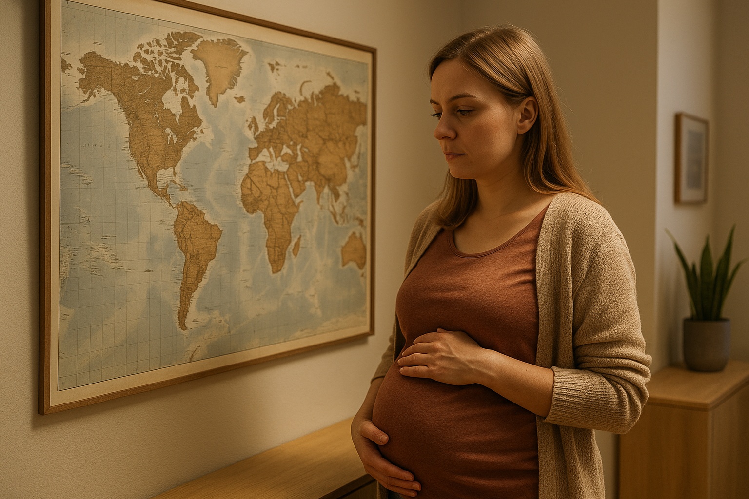 Ciężarna kobieta wpatrzona w mapę świata, dotykająca jednej strony brzucha – moment skupienia na ruchach dziecka