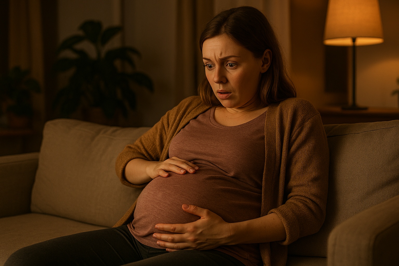 Zaskoczona mama w ciąży obserwująca gwałtowne ruchy dziecka w brzuchu