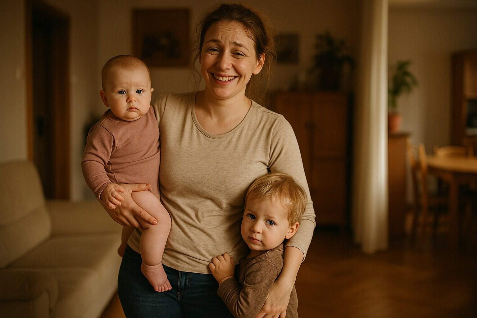 Mama z niemowlęciem i małym dzieckiem, zastanawiająca się, kiedy zajść w kolejną ciążę