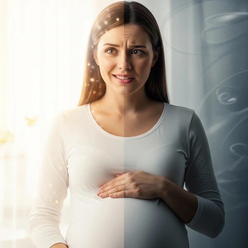 ilustracja pokazująca spokojną i zaniepokojoną mamę w zaawansowanej ciąży