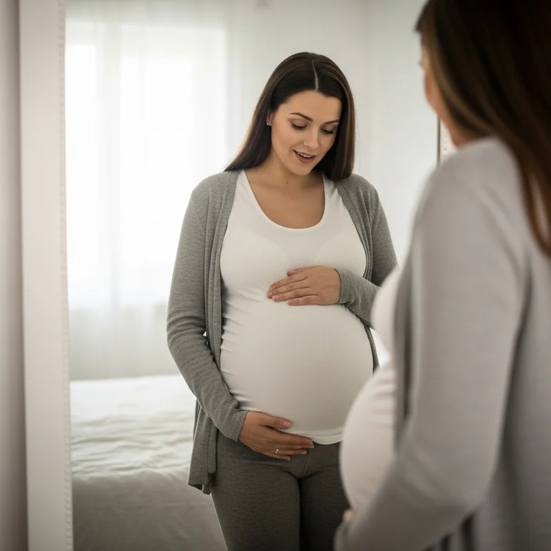 Mama w zaawansowanej ciąży patrząca na swoje odbicie i dostrzegająca obniżony brzuch