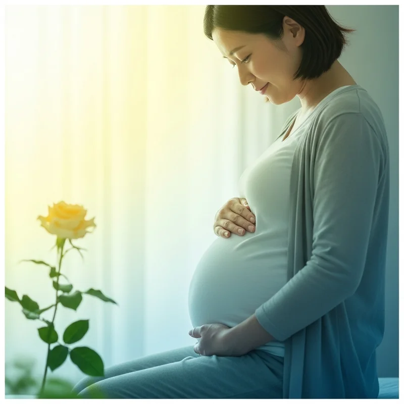 Przyszła mama patrząca ze spokojem na swój obniżony brzuch