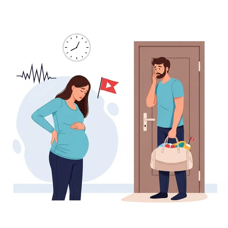 ilustracja kobiety ze skórczami krzyżowymi i mąż stojący obok z torbą spakowaną do szpitala