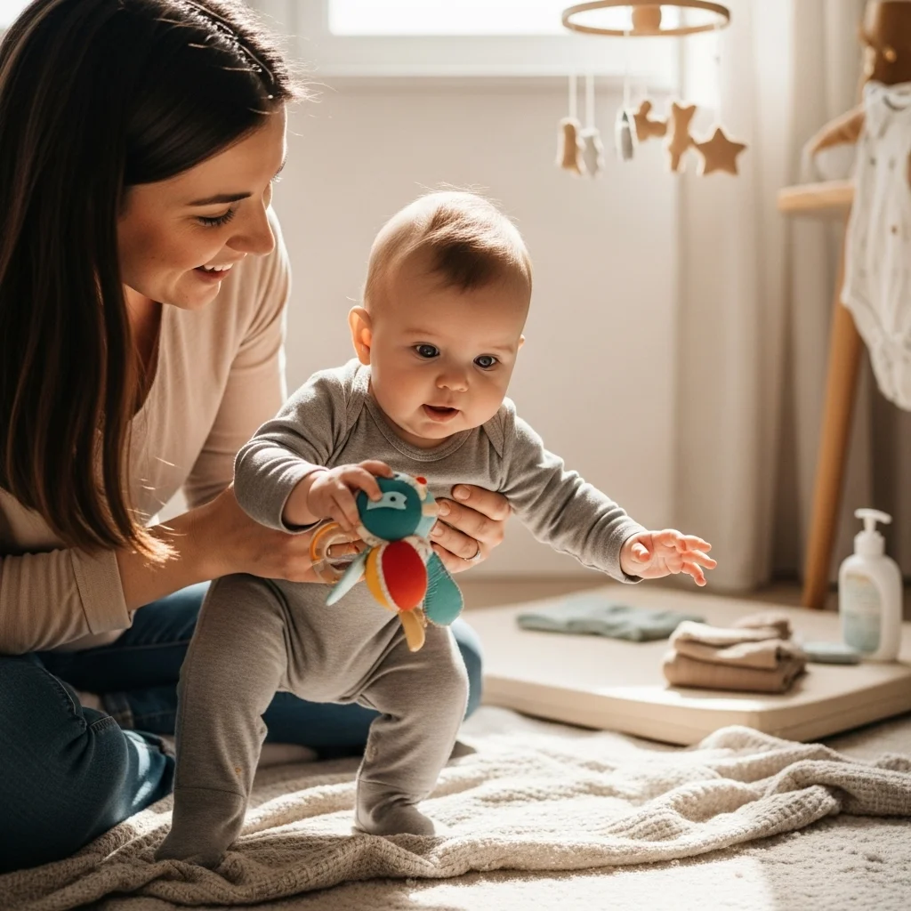 Uśmiechnięta kobieta pomaga małemu dziecku stawiać pierwsze kroki, trzymając zabawkę.