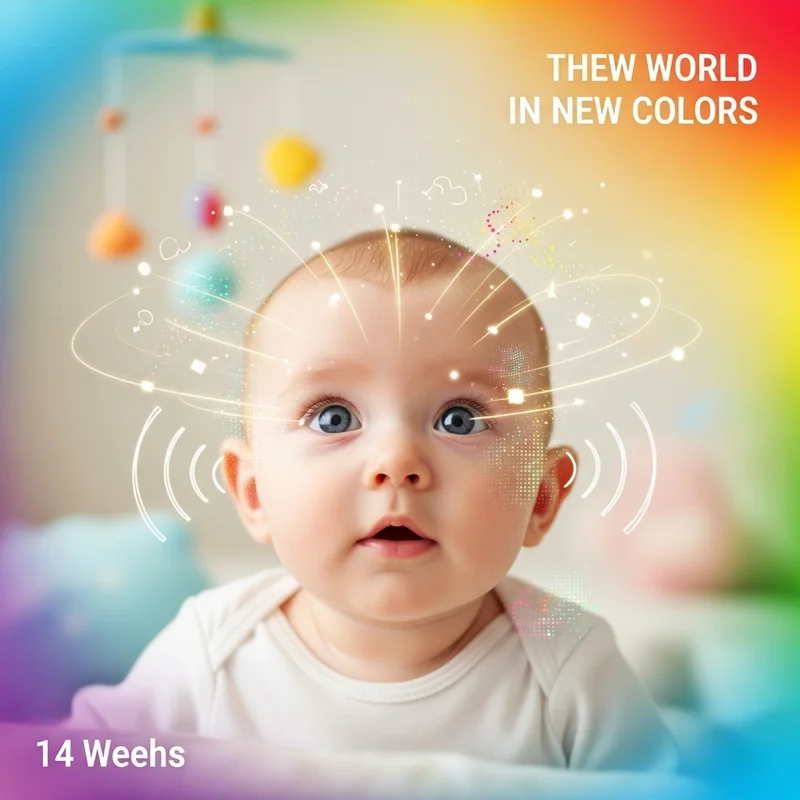 Zdjęcie uśmiechniętego niemowlęcia z otwartymi oczami. Nad głową dziecka widoczne są graficzne efekty wizualizujące procesy poznawcze, z napisem 'Thew world in new colors'.