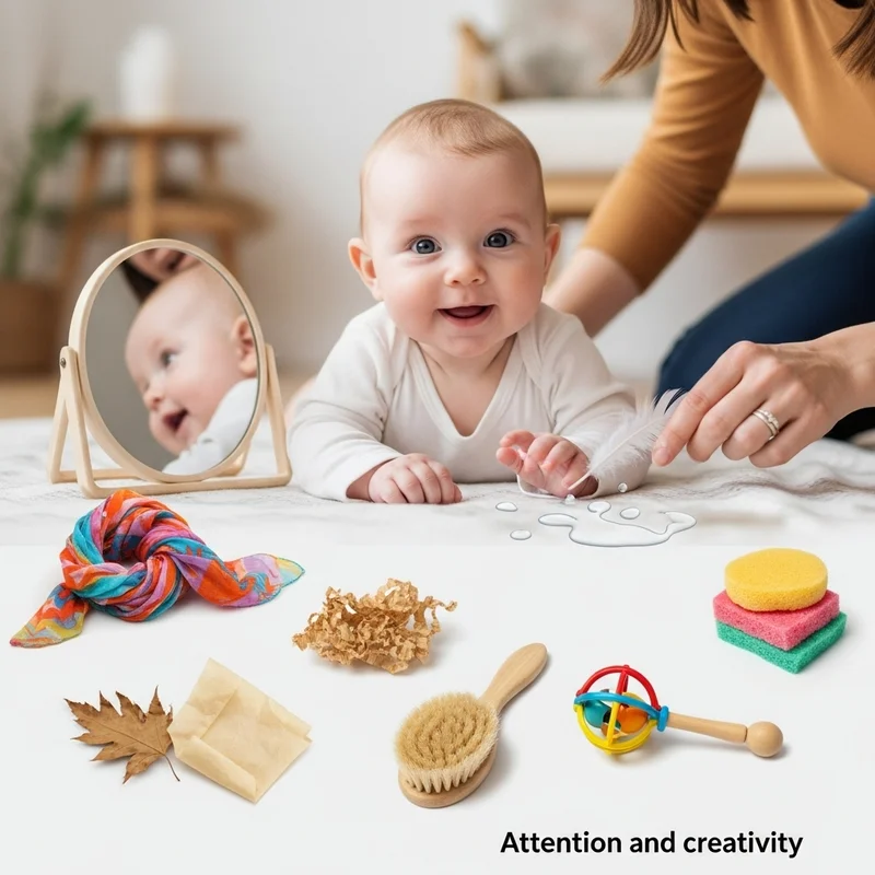 Uśmiechnięty niemowlę otoczone różnymi przedmiotami stymulującymi zmysły, obok dłoni dorosłej osoby z piórkiem. Napis: Uwaga i kreatywność.