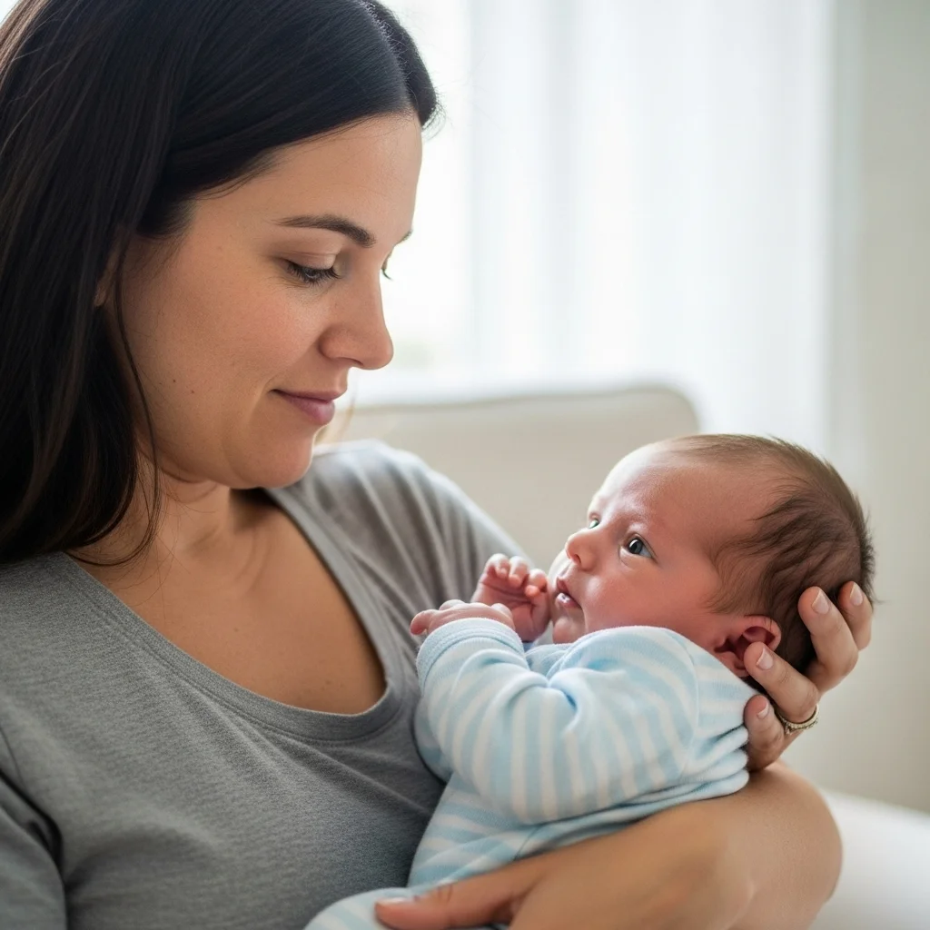 Kobieta trzyma na rękach niemowlę w błękitnym pajacyku. Patrzą na siebie z czułością.