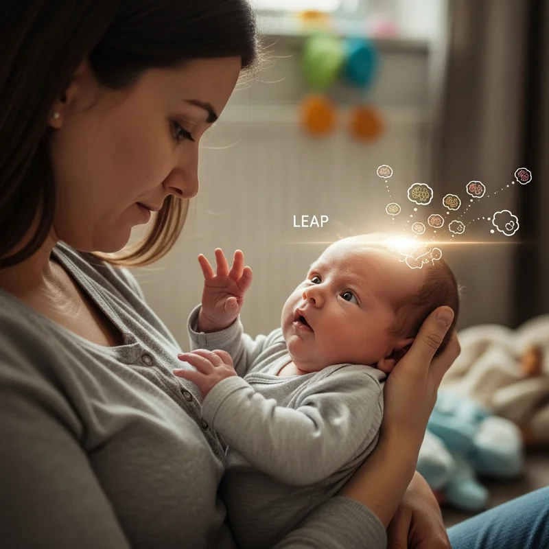 Kobieta trzyma niemowlę. Nad główką dziecka grafika z mózgiem i napisem 