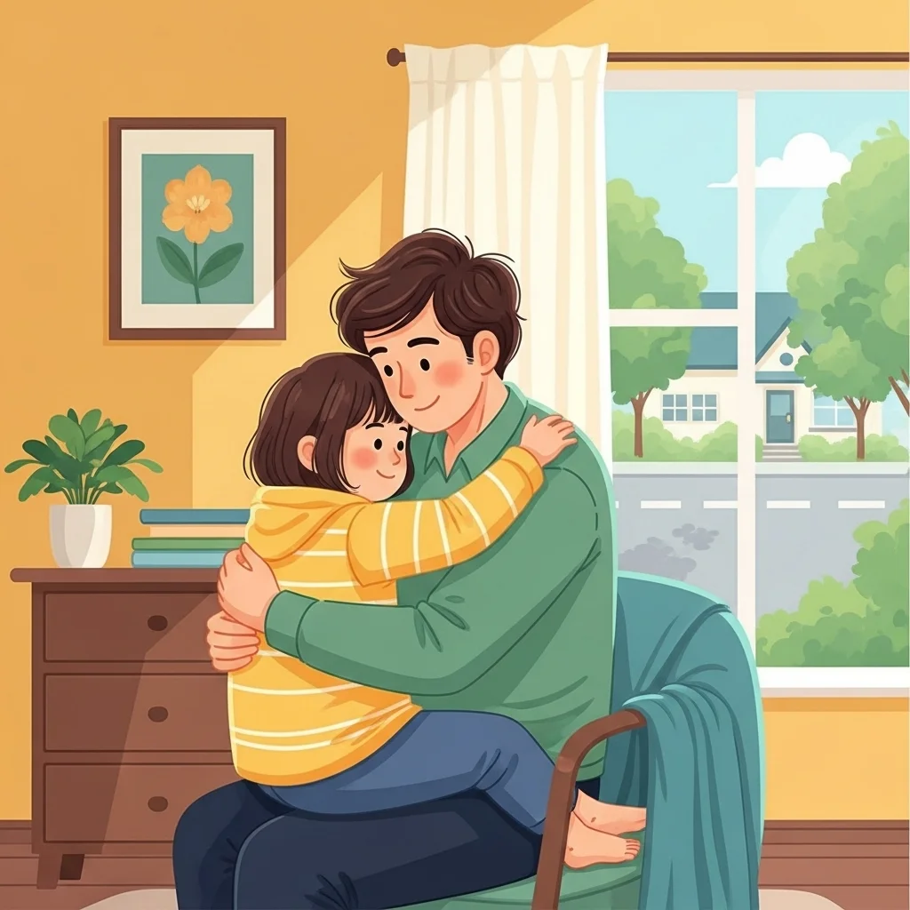 Mężczyzna i dziecko obejmują się. Dziecko siedzi na kolanach mężczyzny, w tle okno z widokiem na domy.