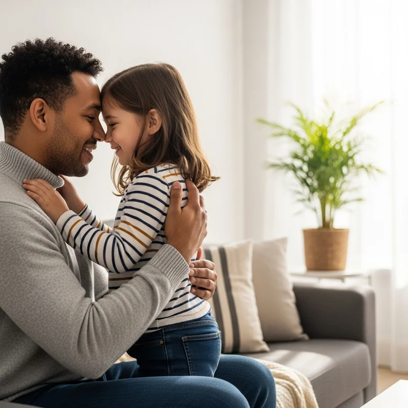 Mężczyzna przytula uśmiechniętą dziewczynkę, opierając czoło o jej czoło. Scena rodzinna, symbolizująca bliskość i miłość.