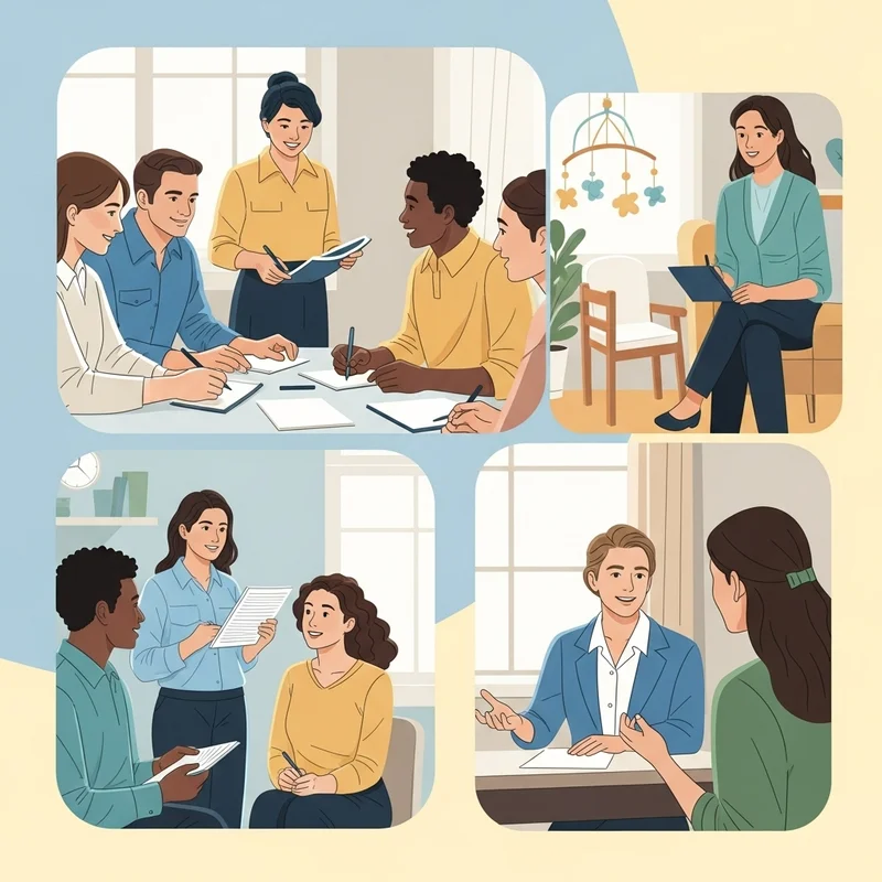 Ilustracja: cztery sceny przedstawiające spotkania z psychologami i grupę wsparcia, związane z adopcją dziecka.