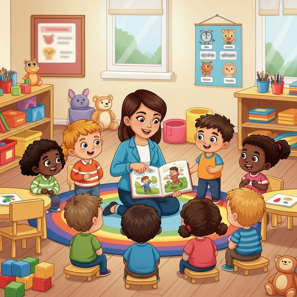 Nauczycielka czyta książkę dzieciom w przedszkolu. Dzieci siedzą na małych krzesłach, otaczając nauczycielkę na dywanie w kształcie tęczy.