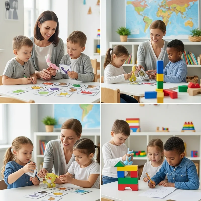 Nauczycielka i dzieci podczas nauki języka angielskiego w przedszkolu. Dzieci bawią się, korzystając z pomocy dydaktycznych, takich jak karty obrazkowe.