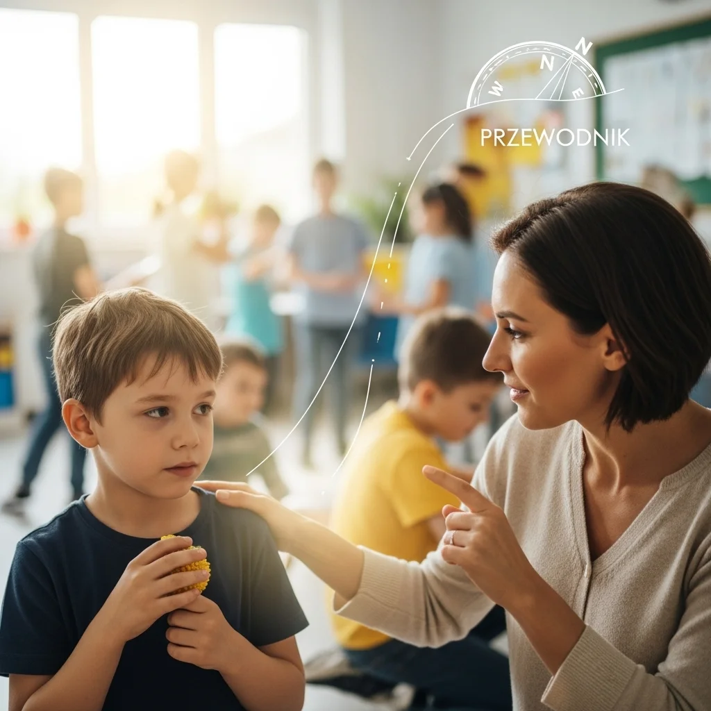 Kobieta wskazuje palcem na chłopca trzymającego kukurydzę w szkole. W tle inne dzieci i napis PRZEWODNIK.