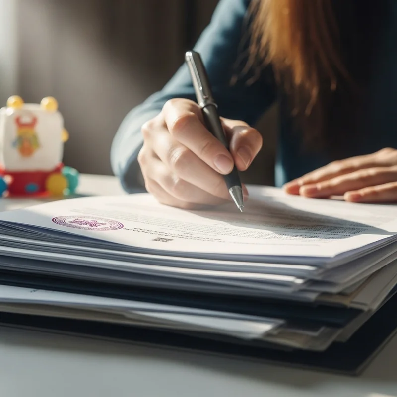 Kobieta podpisuje dokumenty na stole, na stosie leżą papiery z pieczątką. Na biurku zabawka dla dziecka.