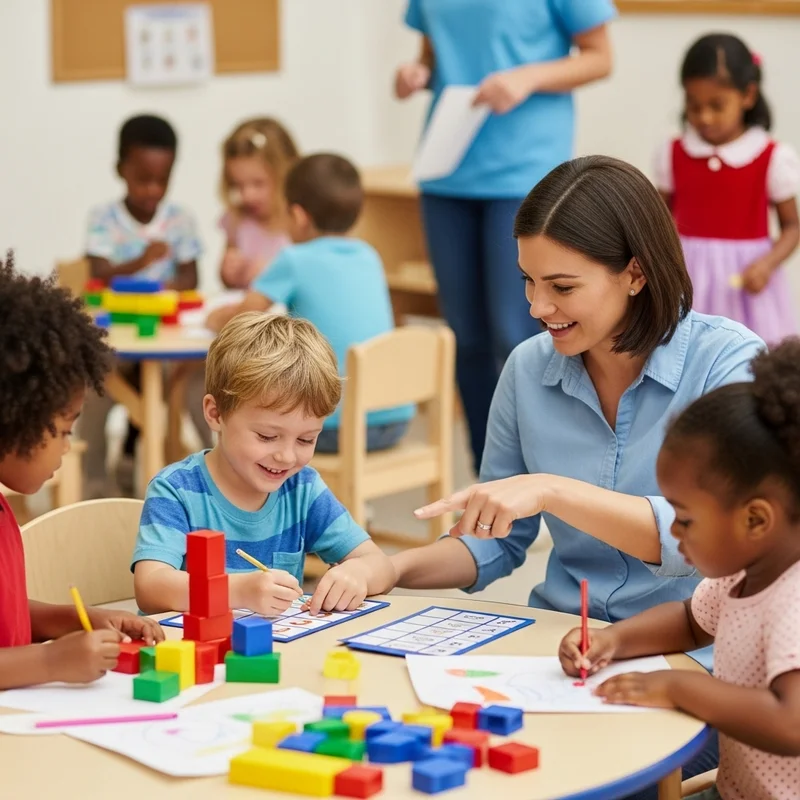 Nauczycielka pomaga dzieciom w przedszkolu. Dzieci rysują i układają klocki, atmosfera jest przyjazna.