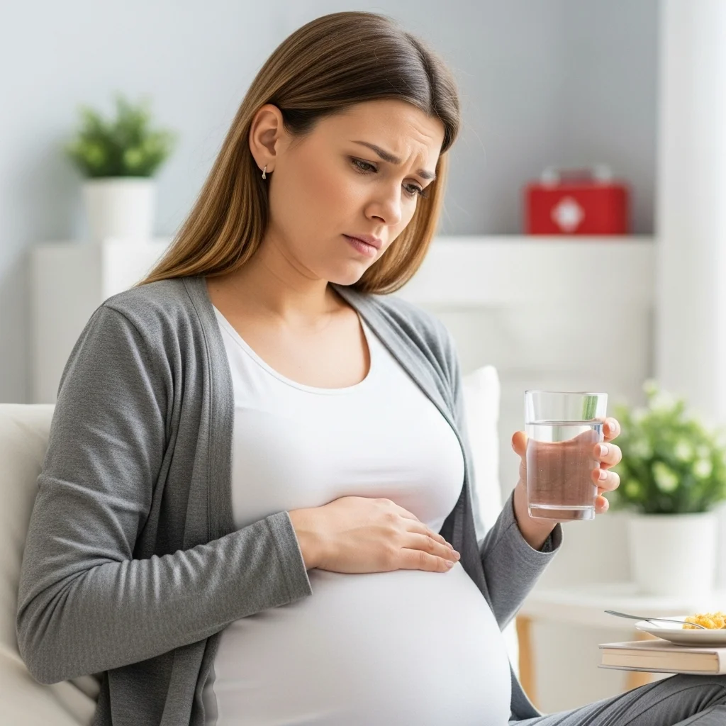 Kobieta w ciąży z zatroskaną miną trzyma szklankę wody, symbolizującą nawadnianie podczas biegunki.