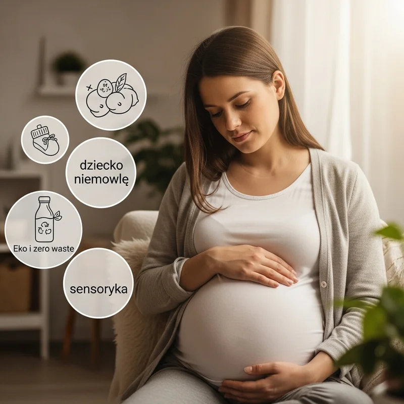 Kobieta w ciąży trzyma się za brzuch. W tle grafiki: owoce, butelka z recyklingiem, dziecko, sensoryka.