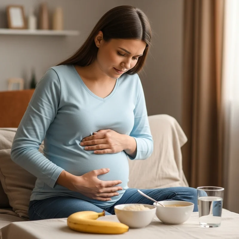 Kobieta w ciąży trzyma się za brzuch, obok niej na stole miski z jedzeniem, banan i szklanka wody.
