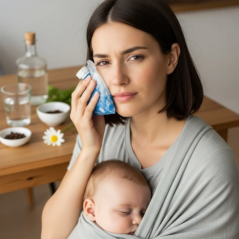 Kobieta trzymająca kompres z lodem na policzku i trzymająca niemowlę w chuście. Na stole w tle woda i dodatki.