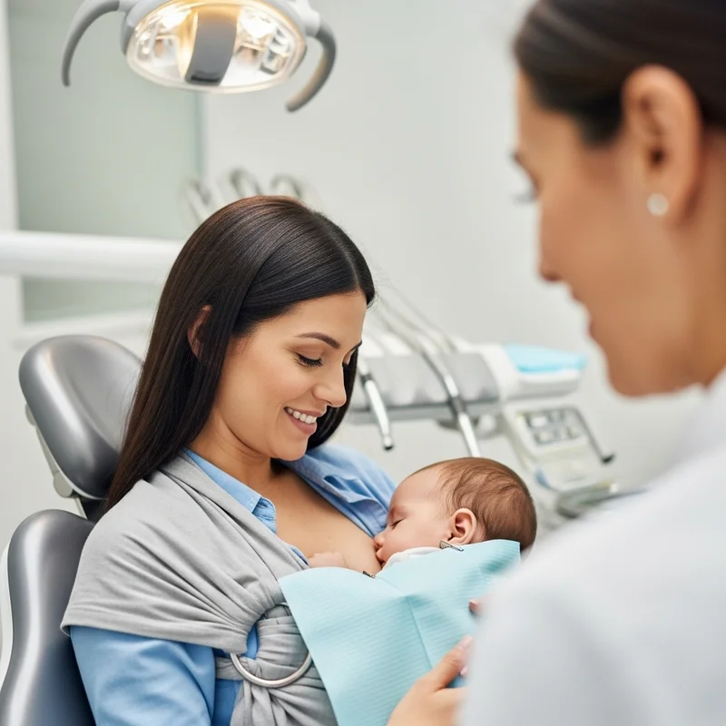 Kobieta karmi piersią dziecko w gabinecie dentystycznym, w tle widoczny lekarz. Kobieta i dziecko siedzą na fotelu stomatologicznym.