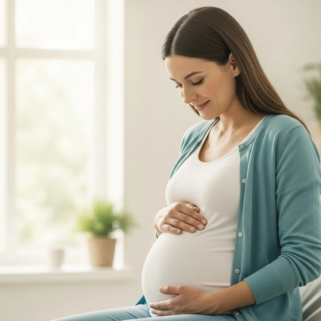 Kobieta w ciąży siedzi z rękami na brzuchu. Ubrana w białą koszulkę i niebieski sweter, uśmiecha się.