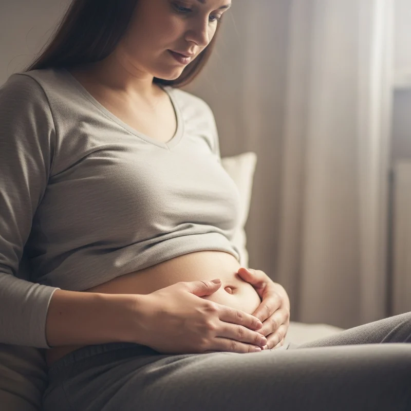 Kobieta w ciąży trzymająca dłonie na brzuchu, zamyślona, siedzi w jasnym pomieszczeniu.