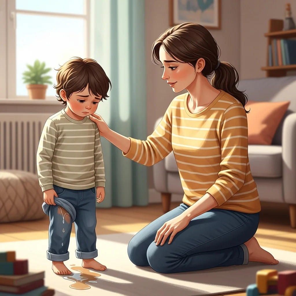 Małe dziecko ze smutną miną i mokrymi spodniami, a obok niego klęczy kobieta, która pociesza malucha.