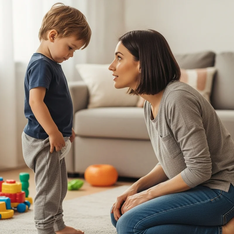 Kobieta klęczy przed małym chłopcem, który patrzy w dół. Wygląda na zmartwionego, a kobieta mówi do niego.