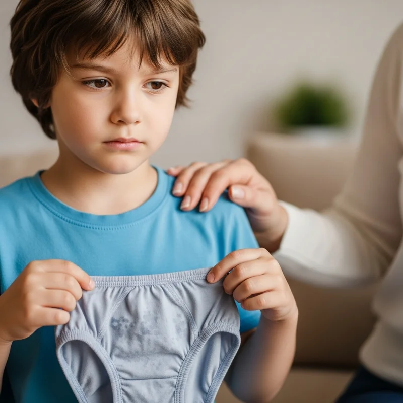 Chłopiec trzyma w rękach poplamione majtki, zmartwiony. Obok niego osoba dorosła kładzie dłoń na jego ramieniu, pocieszając.