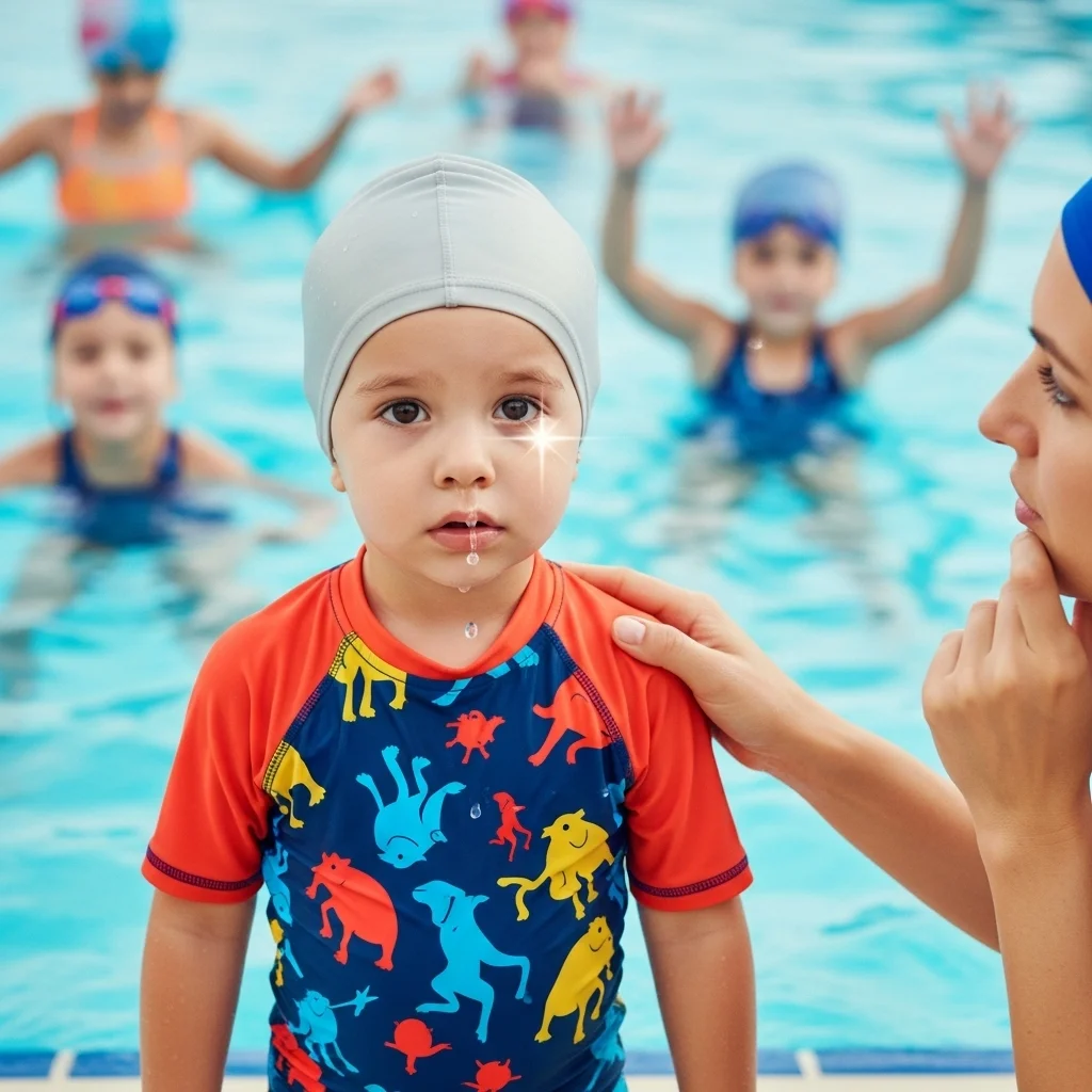 Małe dziecko w czepku i stroju kąpielowym, z kroplą wody na nosie, na basenie, obok osoba trzymająca rękę na jego ramieniu.