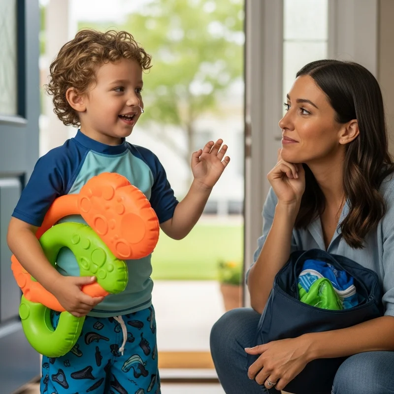 Uśmiechnięty chłopiec z zabawką w rękach i mama z torbą na basen, patrzą na siebie. Oboje gotowi do wyjścia.