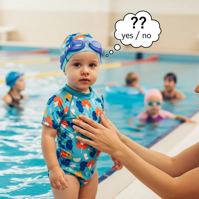 Małe dziecko w stroju kąpielowym i czepku na basenie. Nad głową dymek z pytaniami i tekstem 'yes / no'.