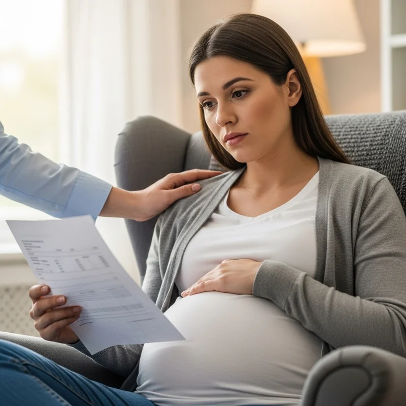 Kobieta w ciąży trzyma dokument, spoglądając z zamyśleniem. Ręka innej osoby spoczywa na jej ramieniu, wyrażając wsparcie.