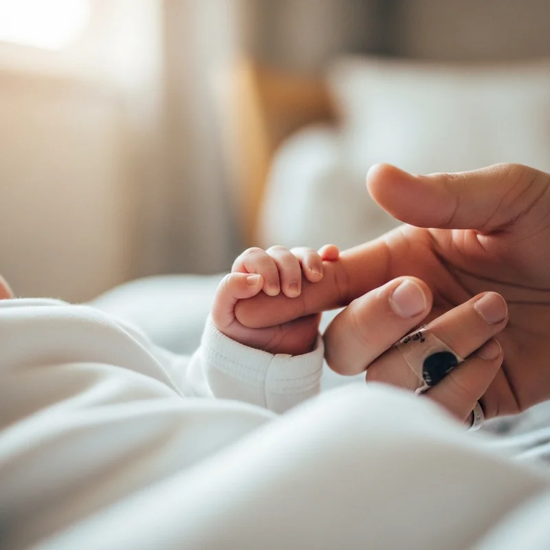 Noworodka dłoń obejmująca palec dorosłej osoby, symbol więzi. W tle jasne światło, sugerujące intymną chwilę.