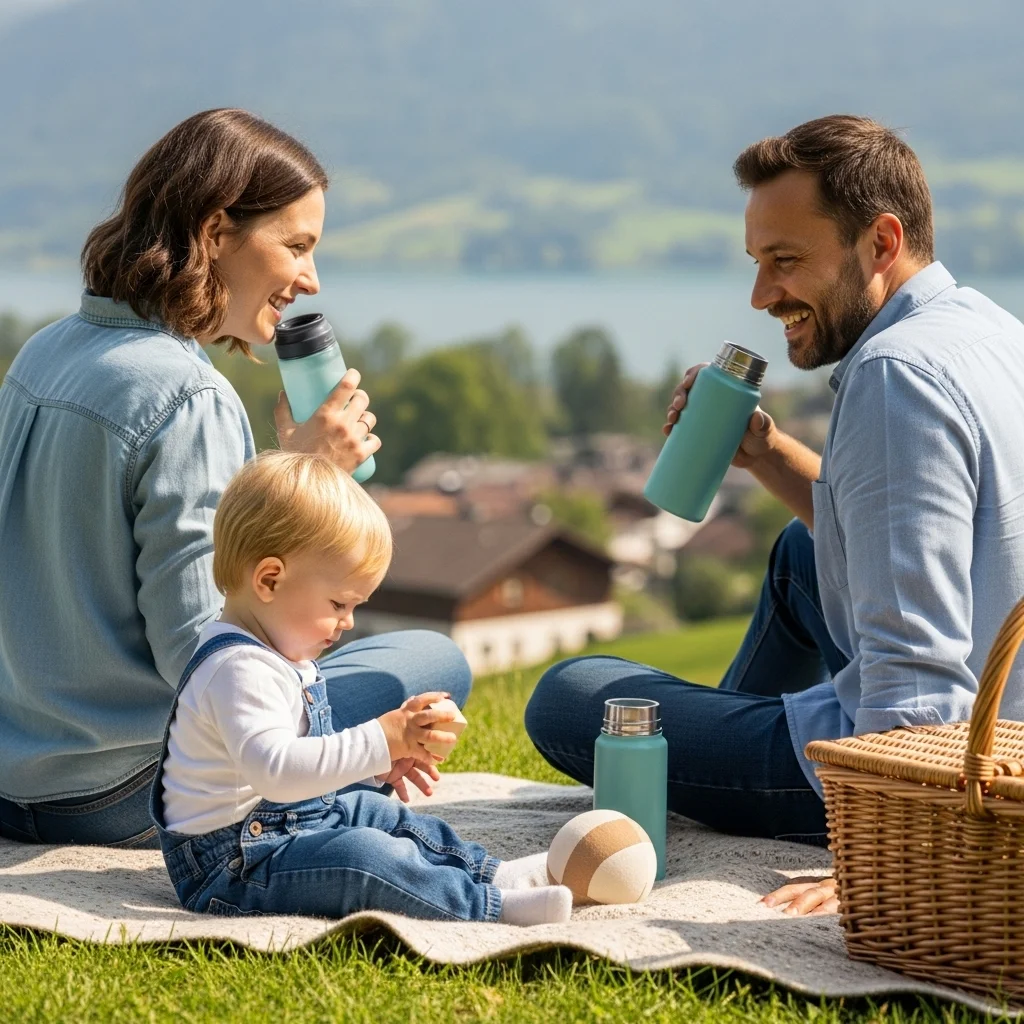 Rodzina spędza czas na pikniku na łonie natury. Siedzą na kocu, piją napoje z butelek termicznych, obok kosz piknikowy i piłka.