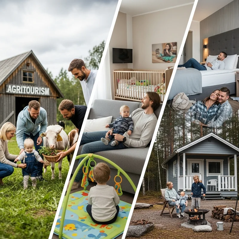 Rodziny spędzające czas na farmie, w hotelu i domku letniskowym, z małymi dziećmi i rodzicami, sugerując różne formy wypoczynku.