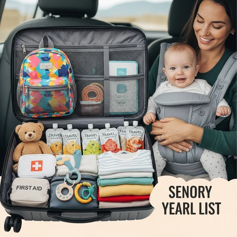 Walizka z rzeczami dla dziecka: plecak, jedzenie w tubach, zabawki, ubranka i apteczka. Obok uśmiechnięta kobieta z dzieckiem w nosidełku.