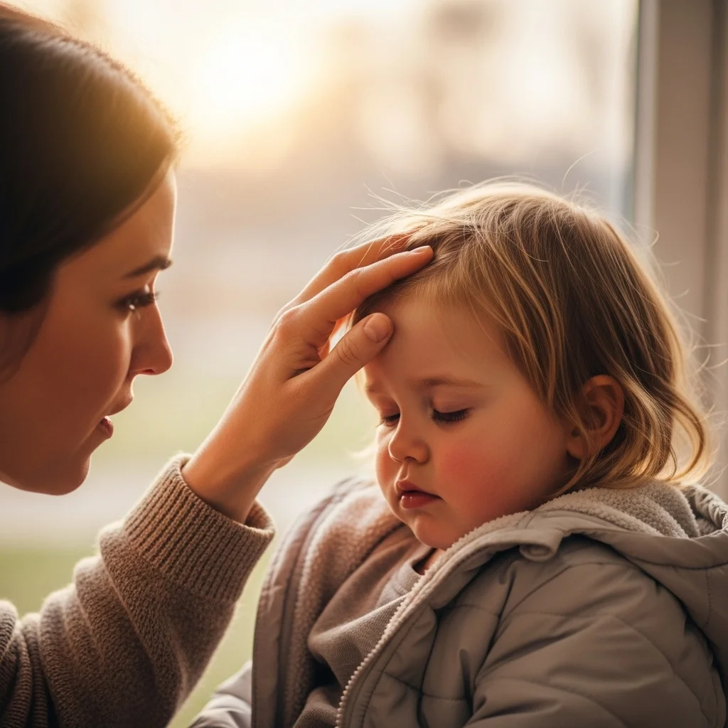Kobieta dotyka czoła małego dziecka, które ma zamknięte oczy. Obrazuje to troskę i sprawdzanie temperatury.