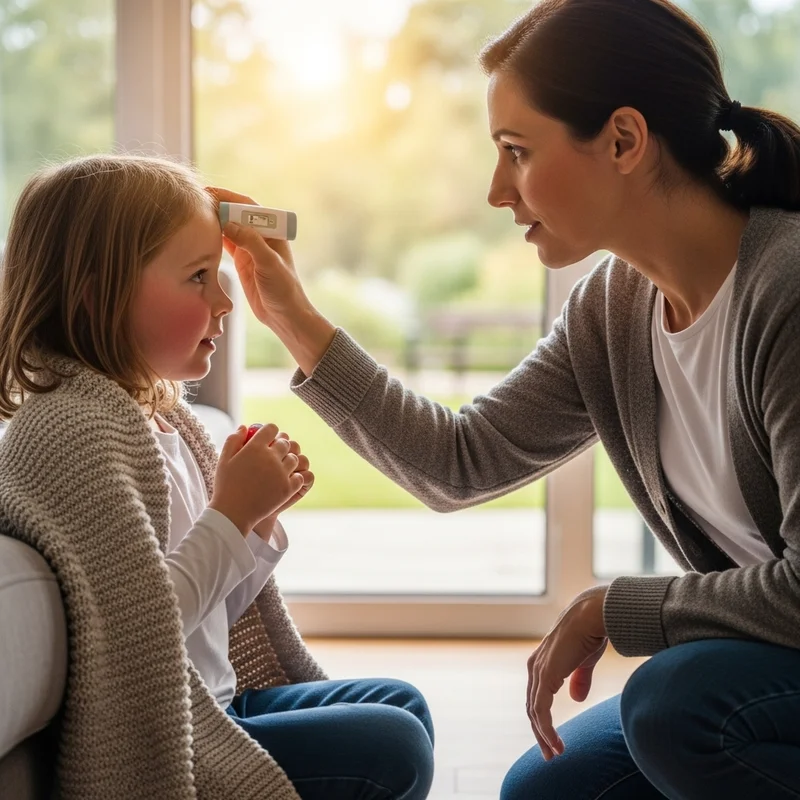 Matka mierzy gorączkę dziecka termometrem. Dziewczynka siedzi otulona kocem, a kobieta klęczy obok.