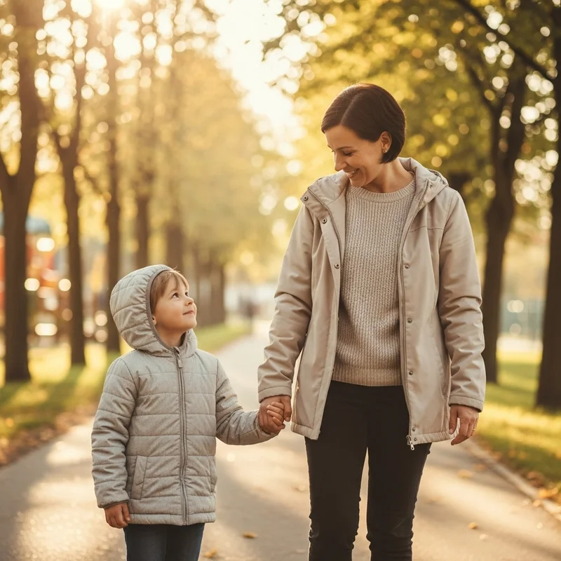 Matka i dziecko idą za ręce po alei w parku, spoglądając na siebie, prawdopodobnie w trakcie spaceru w celu poprawy samopoczucia.