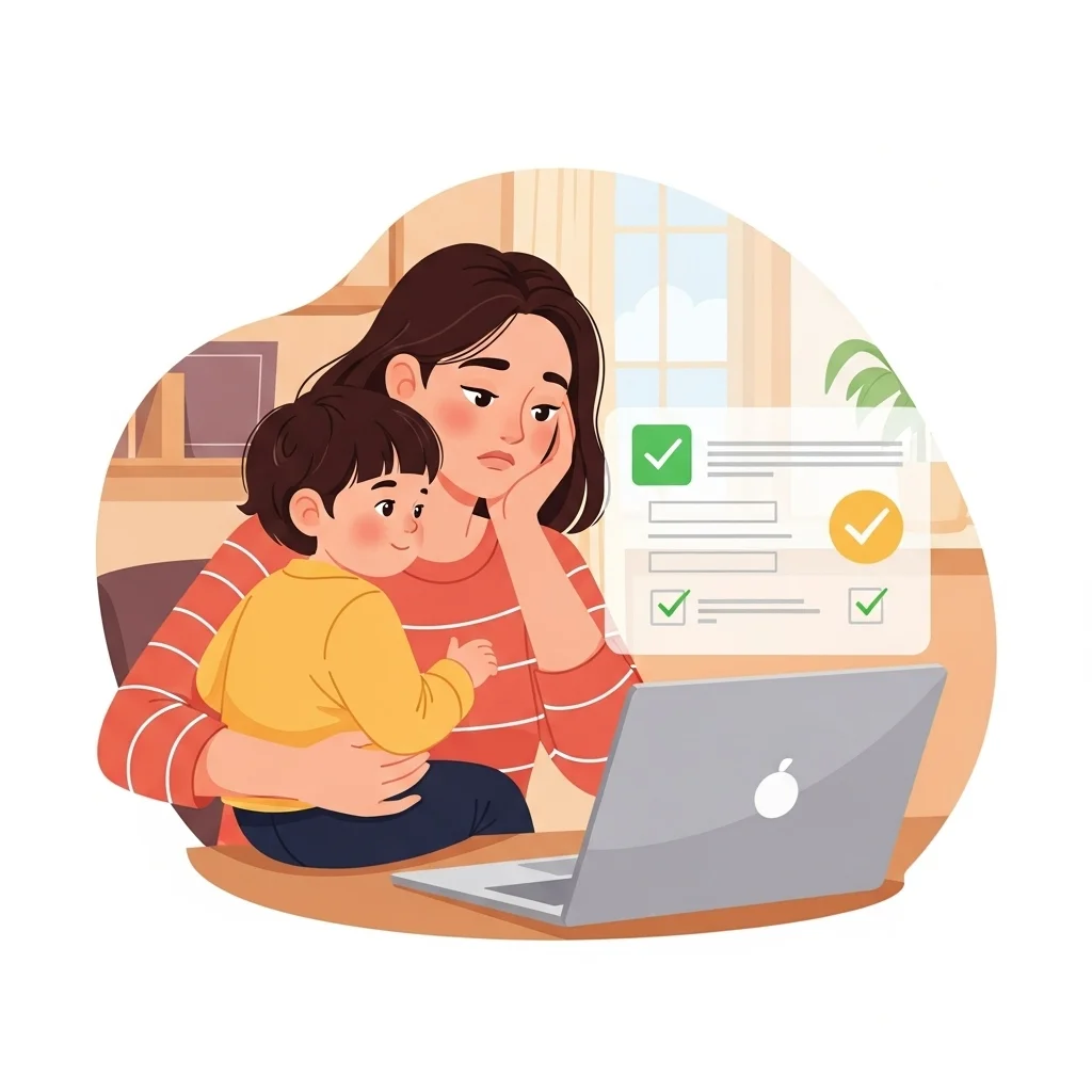 Kobieta z dzieckiem na rękach przy laptopie, z wyrazem zmęczenia. Na ekranie widoczny formularz z zaznaczonymi opcjami.